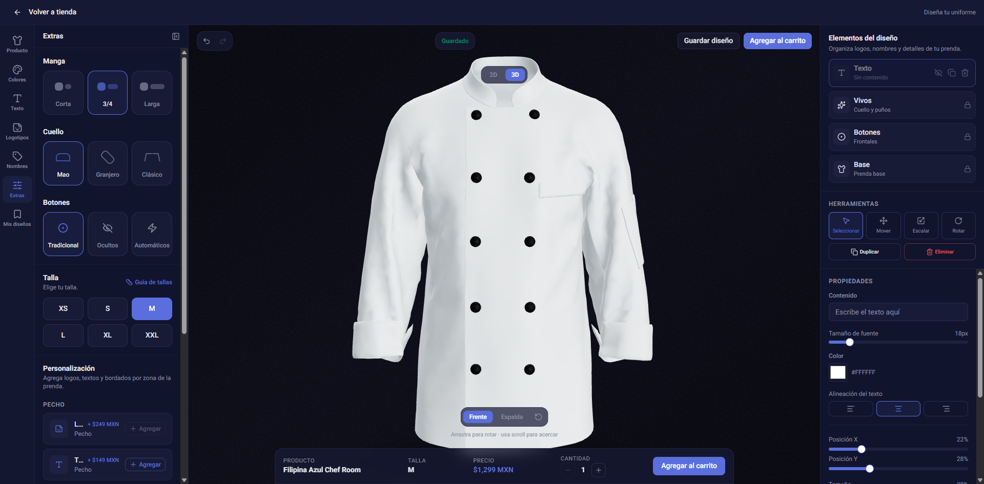Captura real del personalizador de uniformes Chef Room